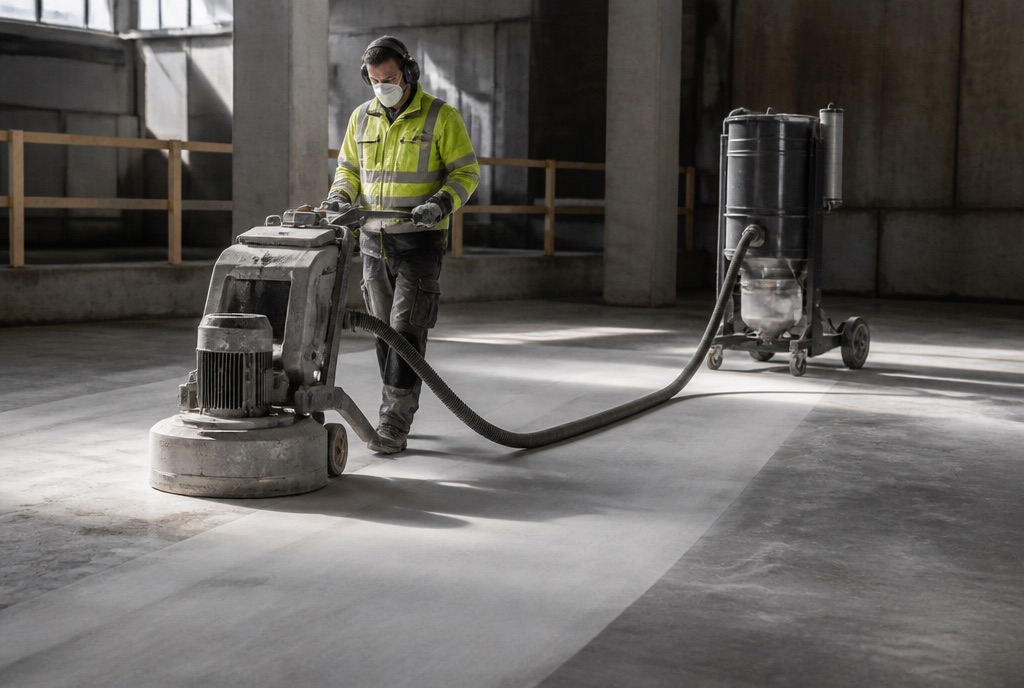 An operator in ear defenders walking a planetary floor grinder across a slab, hosed to a dust extractor