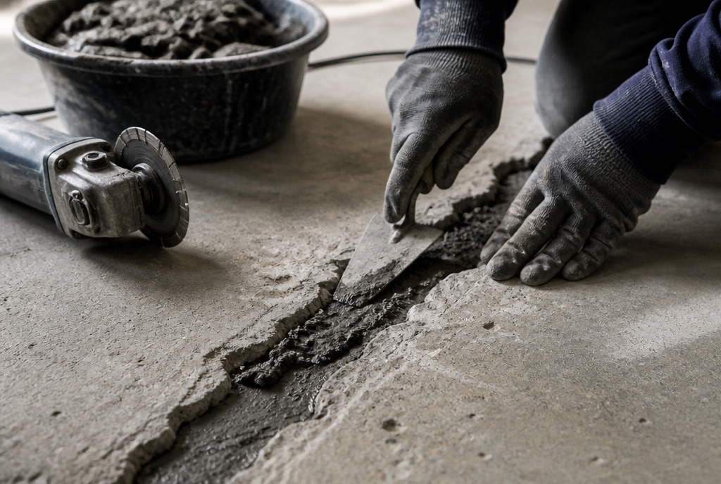Gloved hands trowelling grey epoxy mortar into a chased-out crack in ground concrete