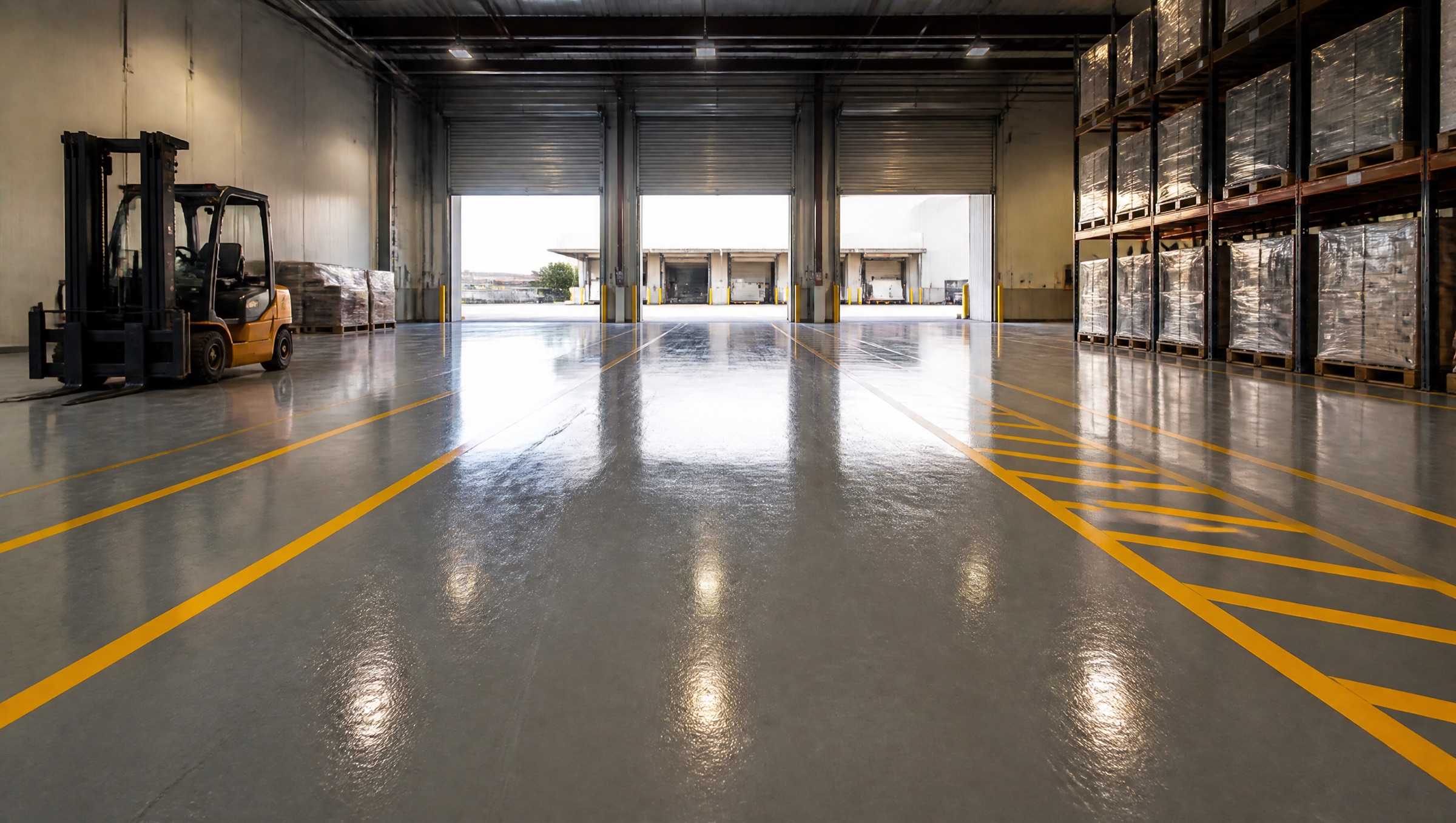 A loading bay on a grey heavy-duty epoxy floor with yellow safety lanes, a forklift and pallet racking